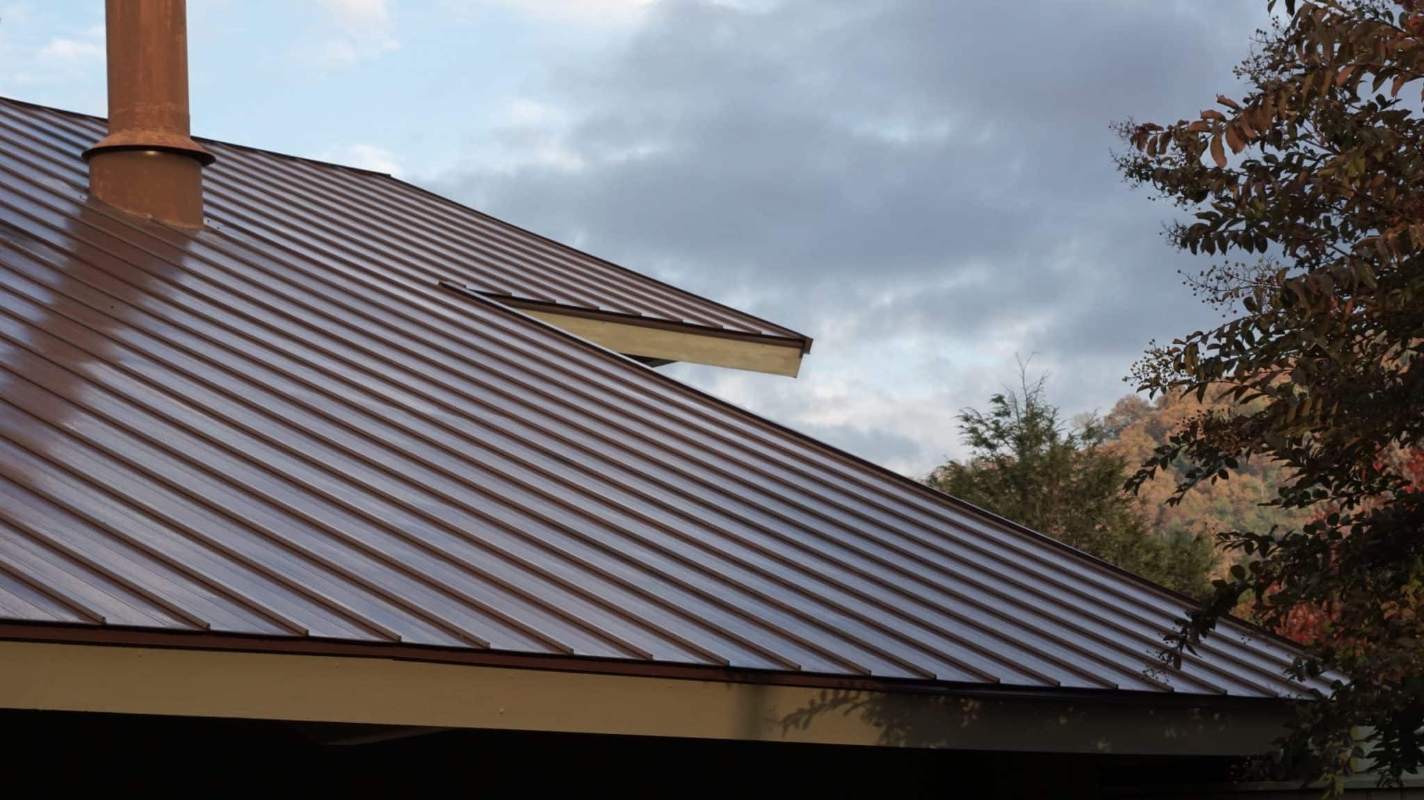 A brown metal roof on a residential home