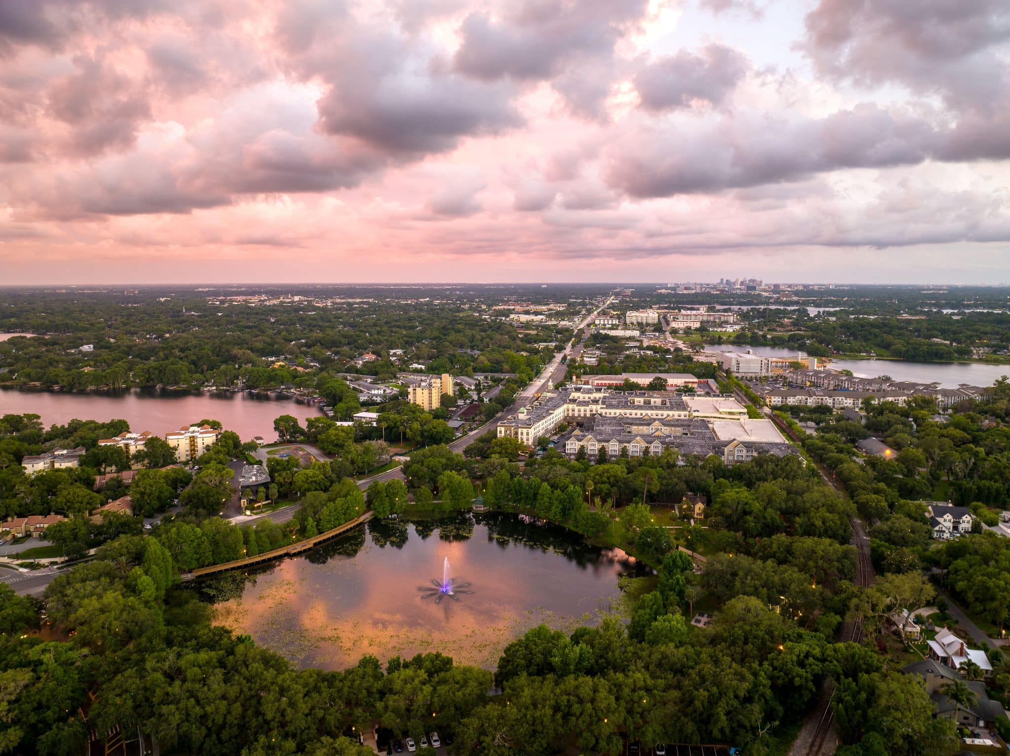 Aerial view of Maitland, FL and Lake Lily at dusk.